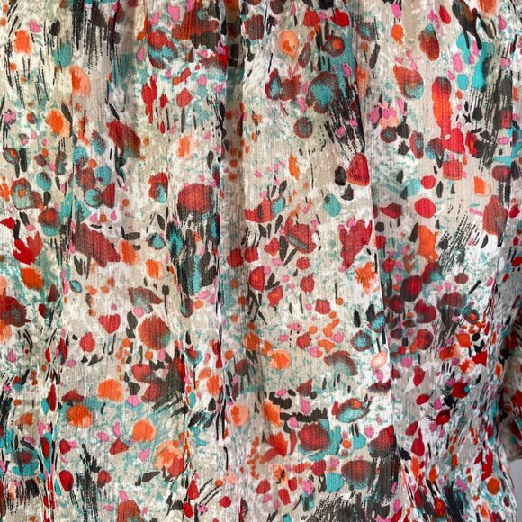 Abstract Floral Print Blouse Size M Short Batwing Sleeves Sheer Multi Color - Picture 3 of 12